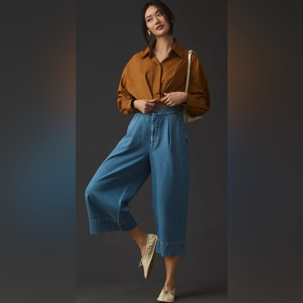 Anthropologie Pilcro High Rise Pleated Denim Culottes Medium Wash Size 31 Petite